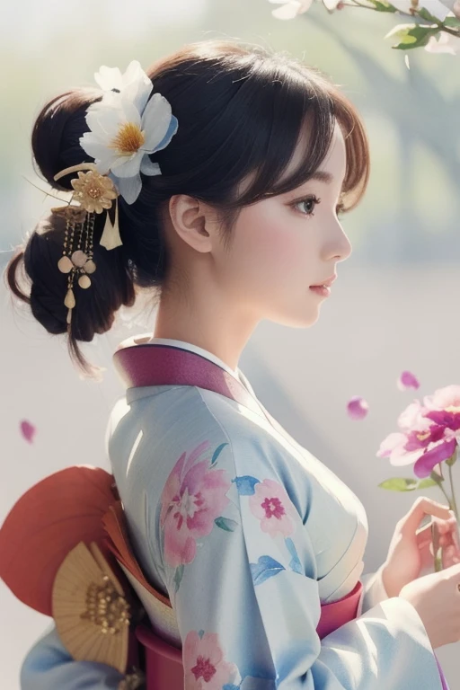 (Masterpiece:1.2,  best quality ), (( 1 girl)), ( beautiful clear background: 1.2), (  very detailedCG ,  very detailed, Best Shadow: 1.1), (( depth of field)), ((watercolor)), ( kimono: 1.3) , Flowers and petals,  Beautiful Concept Art , (  white background : 0.5), ( illustration: 1.1), ( very delicate : 1.1), (  Perfect Details: 1.1),  profile,  