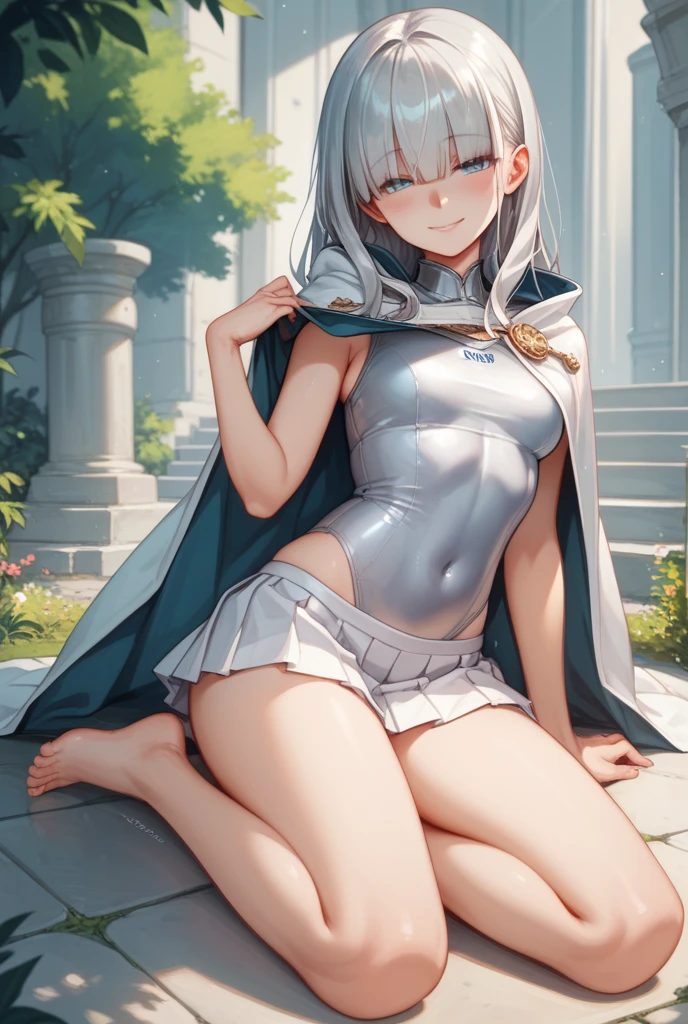 ((masterpiece、4K、8K、highest quality: 1.perfect fingers: 1.perfect anatomy: 1.3、background blur))、((Short priestess uniform、leotard、long sleeve、16 years old、slender、small face、super beautiful girl、（straight long hair))、beautiful big droopy eyes、happy smile、full body display、knee high socks、sky and grass、
