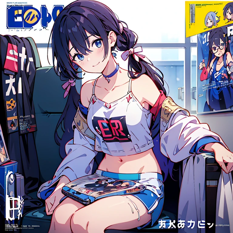 (Masterpiece), ( best quality ),   Details,  Otaku Girl  , difficult,  Twin Tails, long wavy hair  Twin Tails.hair between eyes, Dark Blue Eyes  ,smile, Masterpiece,  best quality , up to date,( taut chest:1.2), (Pointed Chest:1.2),(from below:1.2, best quality ), girl  ,  dark platinum colored hair  、Otaku uniform :1.2,  purplish blue eyes that the dreamer wants , ((Otaku Girls)), dark,  messy hair, Hair above the eyes, blush,Armpit hair, (  half sleeve t-shirt  ), shorts,  sitting in a gaming chair , Otaku Room,Play PC Games  :1,3, medium breasts,  skinny, open your mouth, ( nerd game magazine cover :1.6),(with sparkling eyes and a contagious smile),Her Thin Pubic Hair :1.2,  stare at viewers
