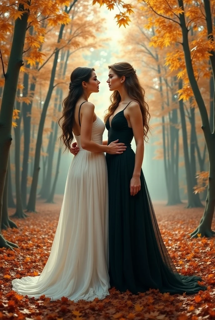 portrait photography, close up, masterpiece, 45 year old mother and 25 year old daughter, with long wavy black hair, elegant dresses, but the two sad seasons in the middle of the avenue, 35 mm, DLSR, film grain, cinematic, intricate details, 4K, 8k, HD