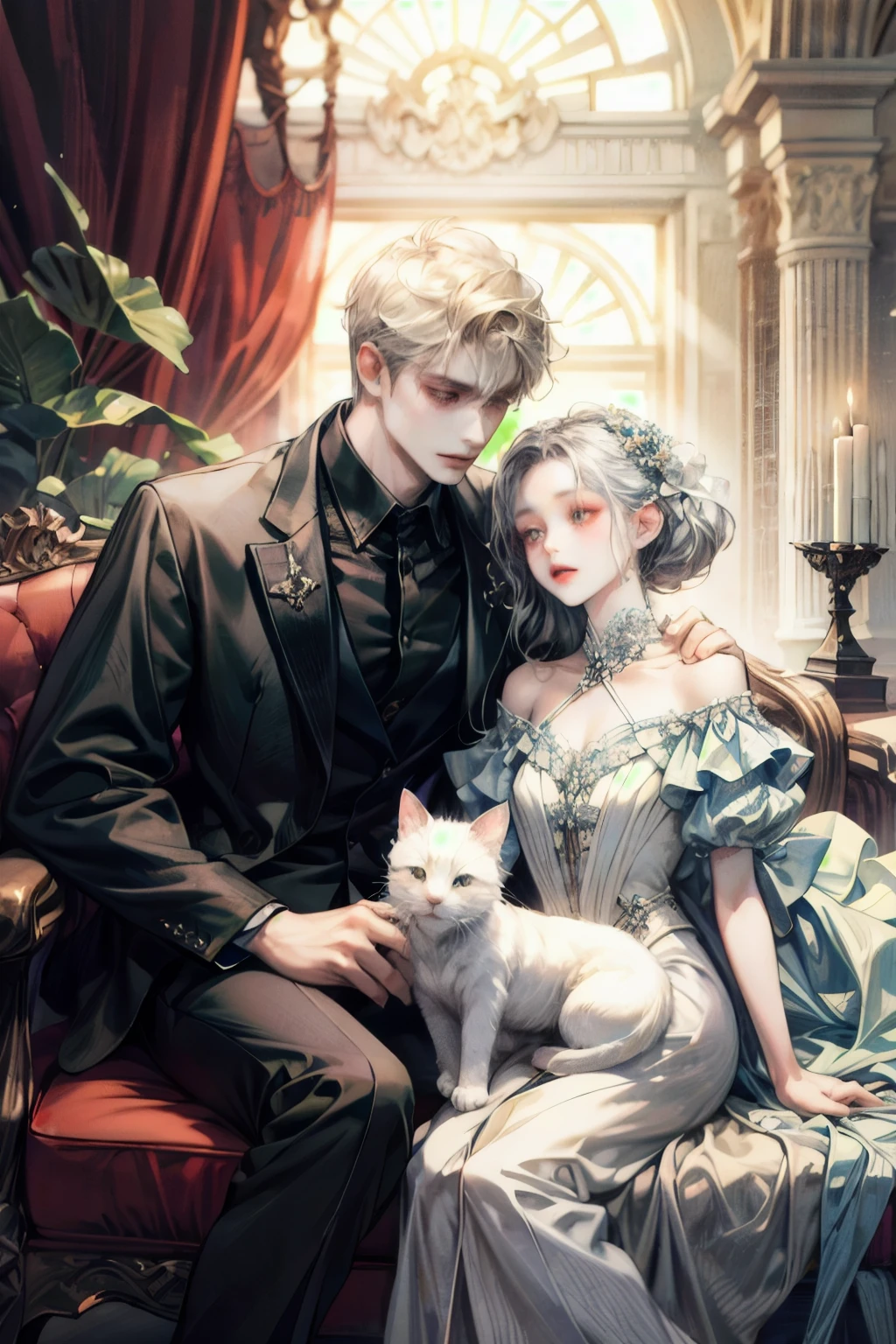 ((  Best Quality,  Masterpieces, Absurbraces, super-resolution)), Phoenix dresses ,  men, Wearing a place, Black suit, There was a little white cat sitting on his lap.