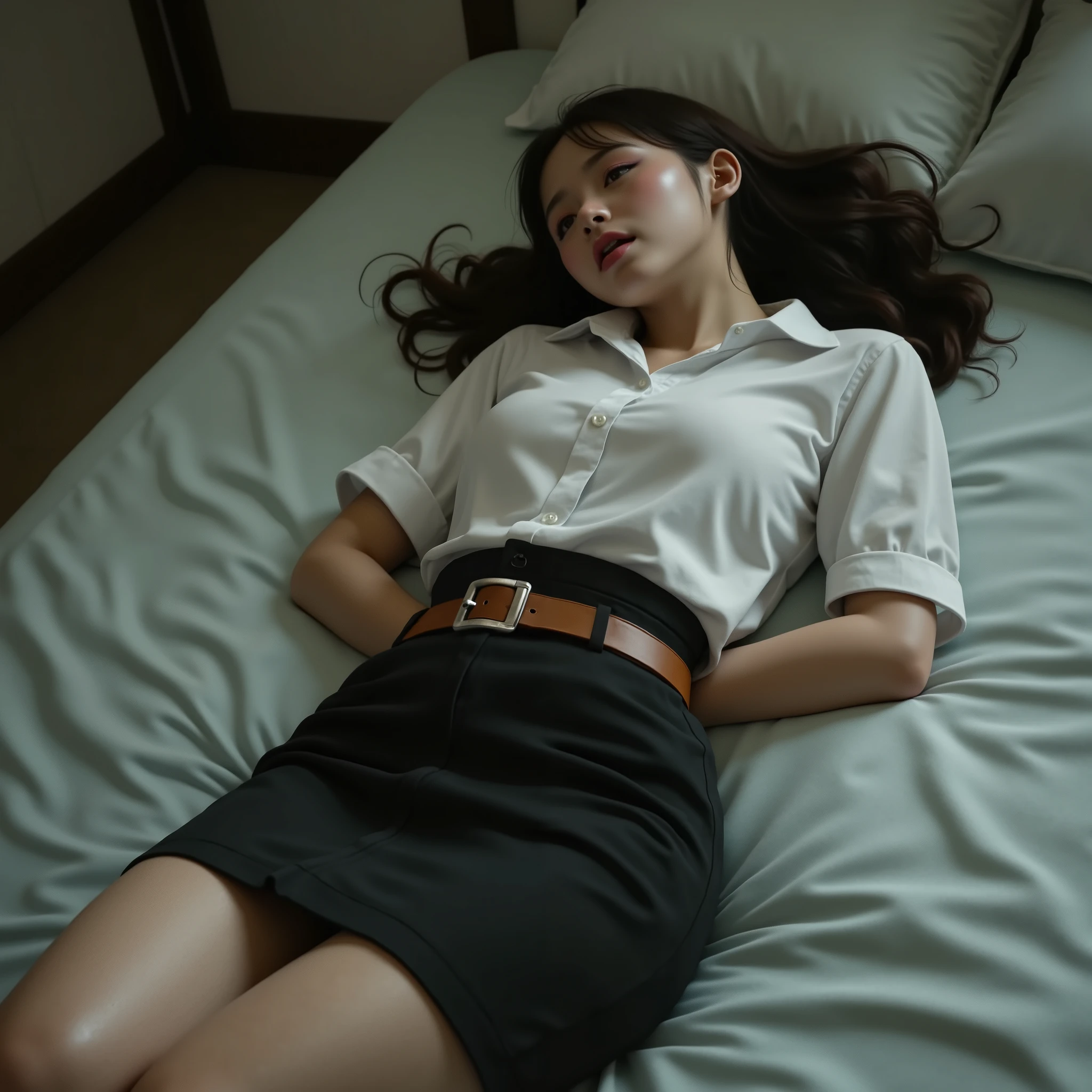 a beautiful Japanese woman is laying on the bed, long spread brown hair, natural bang, she is wearing Thai university costume with small short sleeve white button down shirt, black tight short business skirt, brown belt, white panties, she is sleeping and unconsciousness, anxious face, her wrists are tied together behind her back, cum on a woman face, a lot of semen on her skirt and her legs, whole body visible, photorealistic, hyperrealism,