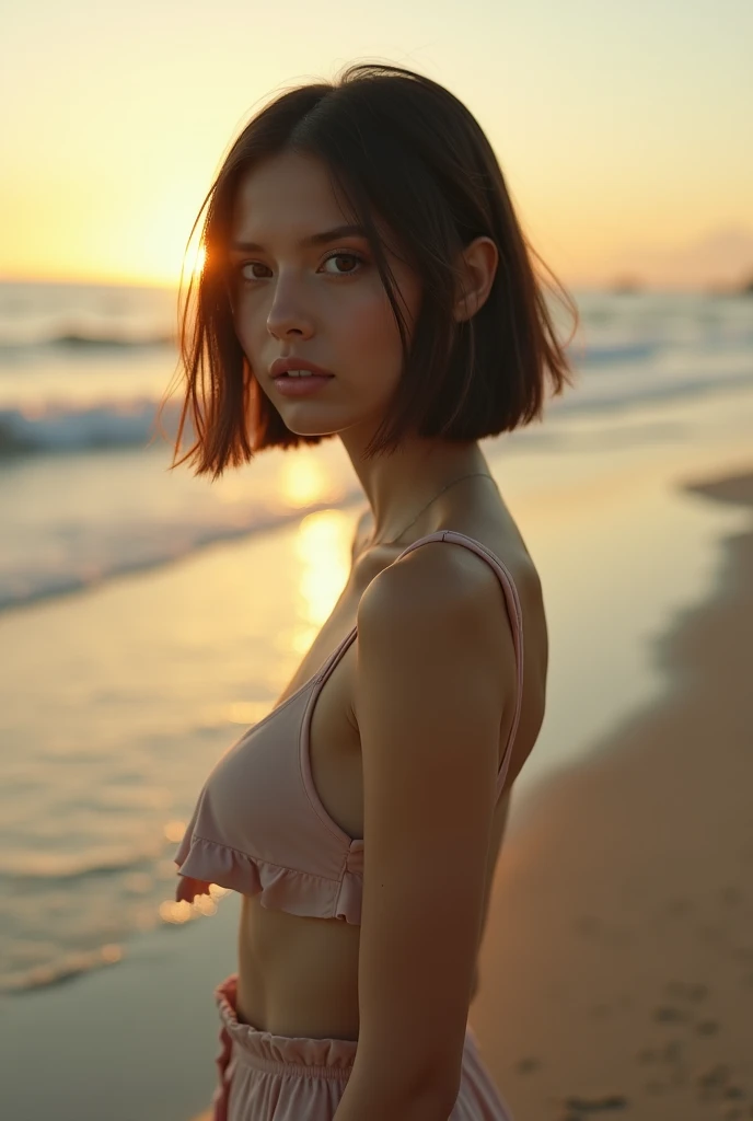 (nnlnnx_1985-1987_v1.4g:0.5), nnlnnx, short hair, (sharp focus:1.2), portrait, attractive young woman, (beautiful face:1.1), detailed eyes, luscious lips, (eye makeup:1.2), (tight body:1.2), wearing (flowery dress:1.2) at (the beach:1.2). (morning sun lighting:1.2), depth of field, bokeh, 4K, HDR. by (James C. Christensen:1.2|Jeremy Lipking:1.1).