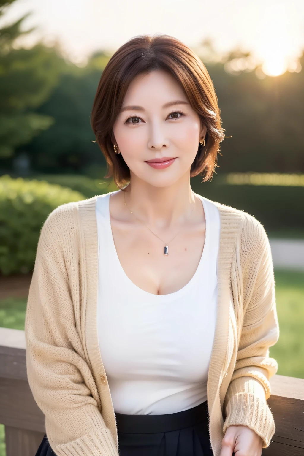 masterpiece, best quality , (Dear mature woman .:1.5), ,(美しいMomiji Park でベンチに座る:1.8)、 Beautiful Sunset 、Sunset Park、(Momiji Park :2.3)、Looking at me with a smile、Full Body Photo Night,( light brown cardigan and ivory skirt:1.3)、( beautiful mature woman:1.5),、 long legs , skin ,( Small face:1.3), Panoramic View,(Small wrinkles :1.7),( A little thick:1.4)、,( Big Breasts:1.6),( 60歳を超えた beautiful mature woman:1.8), (Beautiful upstyled hair :1.5)、 perfect face,, ( Detailed Facial Features ), (Pretty and graceful face :1.6)、 necklace 、 Earrings for One Woman、