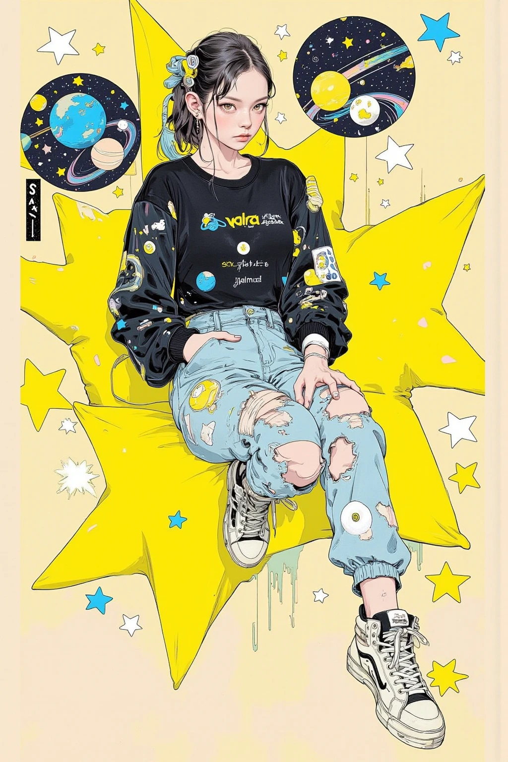 The picture of a woman sitting on a five-pointed yellow star-shaped cushion sofa is drawn ,    person sitting on a star-shaped cushion  ,  The clothes are casual fashion with the theme of shooting stars and planets, and the colors are random, wearing sneakers ,Momoko Shinoda  ,  surrealism, style of hajime 空の山,   graphic details  , Empty Mountain. occult art  , hajime Empty Mountain designed girl, shohei otomo,   very very unrealistic  , Virgil Finlay's style , Asymmetric! gothic horror occult art   