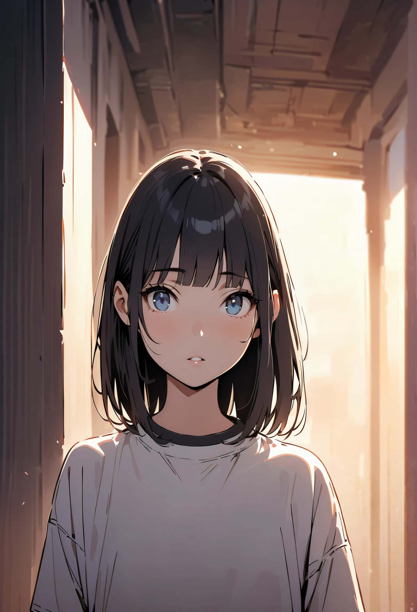 (masterpiece, best quality:1.2), 1 girl, alone, short black hair, wide eyes (glancing)