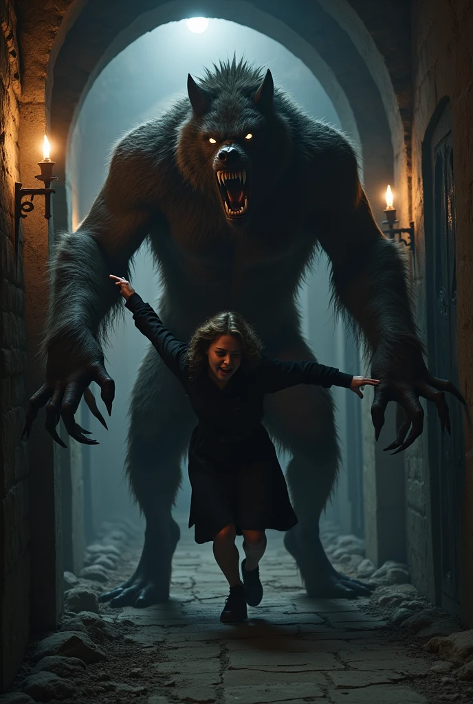 a little girl is standing next to an image of a monster in a dark room, in the style of soft brushstroke realism, dystopian landscapes, mote kei, dark brown and gray, cabincore, drip painting, 8k resolution,