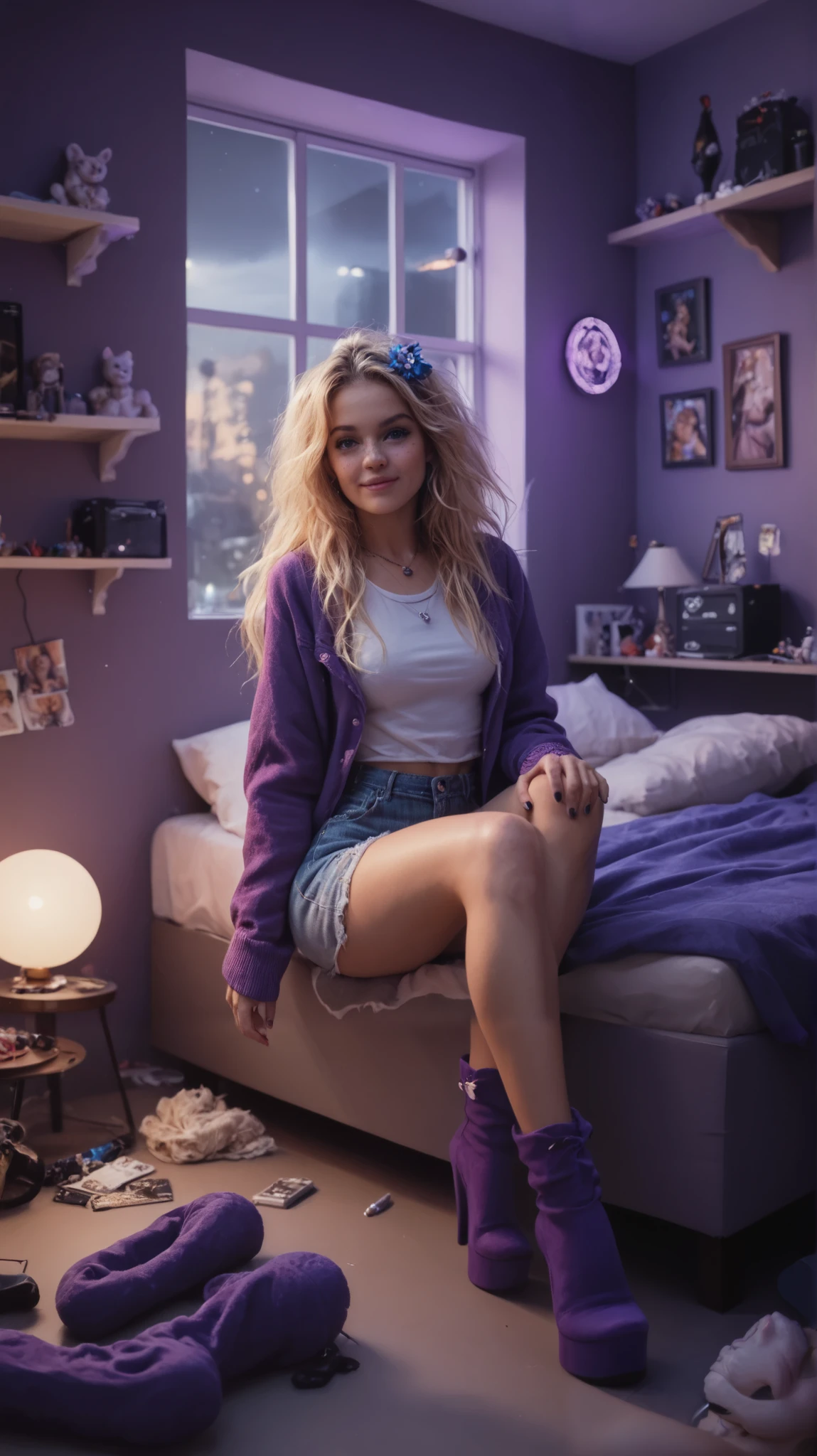 Please create an image of a young noodist woman with charming freckles, dressed in a revealing outfit with short blonde hair in a punk style and mesmerizing gray-blue eyes. Her slender body with rounded hips and expressive nippeles hints at sensuality. Tiny pantties, a leather collar, and a tattoo on her right butttocks,prinkle nippeles, complete the look. Black garters,SD3.5, masterpiece.ultra detailing face and eyes.1 девочка, Соло, Высокое разрешение, Шедевр, Реалистичная анатомия, Отмеченный наградами, Лучшее качество, Детально, HD-модель, Очень детально, Сверхвысокая чёткость,