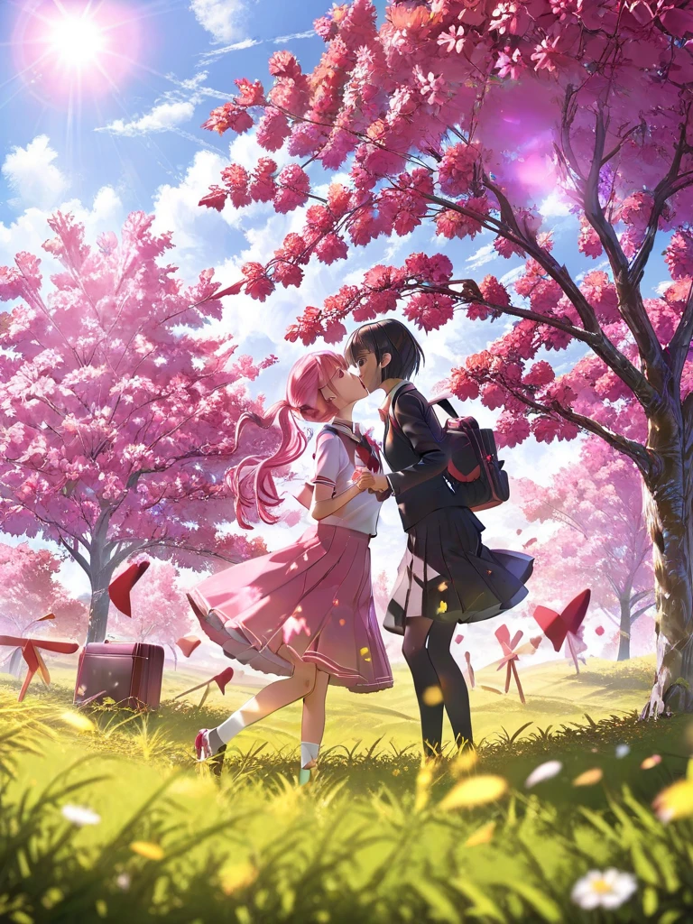 solo, 1girl, anime, girl 1 (tall, pink long pigtail hair, pink school uniform, red bow tie, pink skirt), girl 2 (tall, black short hair, pink school uniform, red bow tie, pink skirt), girl 1 kiss girl 2, happy, vibrant grassland, vibrant trees, various scattered vibrant colored object with graffity, lensflare, very aesthetic, masterpiece, best quality, ultra-detailed. ​