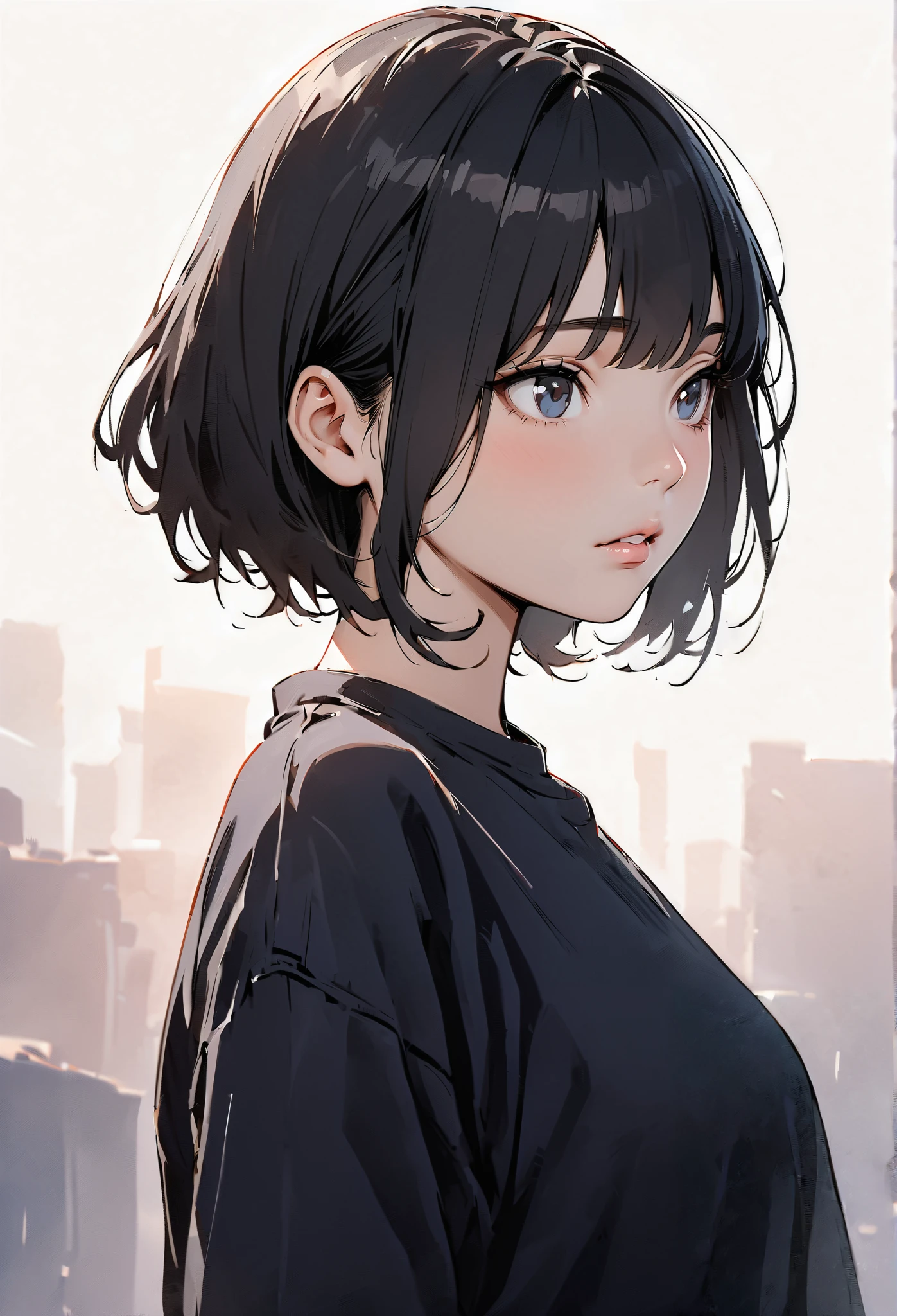 (masterpiece, best quality:1.2), 1 girl, alone, short black hair, wide eyes (glancing)