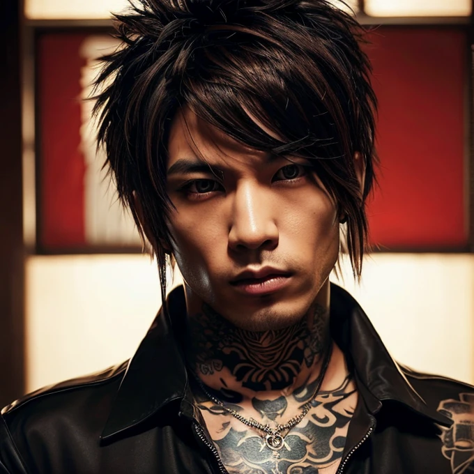 1 man, Japanese man, male, Asian eyes, muscular, broad shoulders, yakuza tattoos, hairstyle Visual Kei style, hair Visual Kei, black men's shirt and black pants, ultra detailed face, hyperrealistic, realistic representation, long hair, long hair, 30 years old, age 30 years, blonde hair, full body view