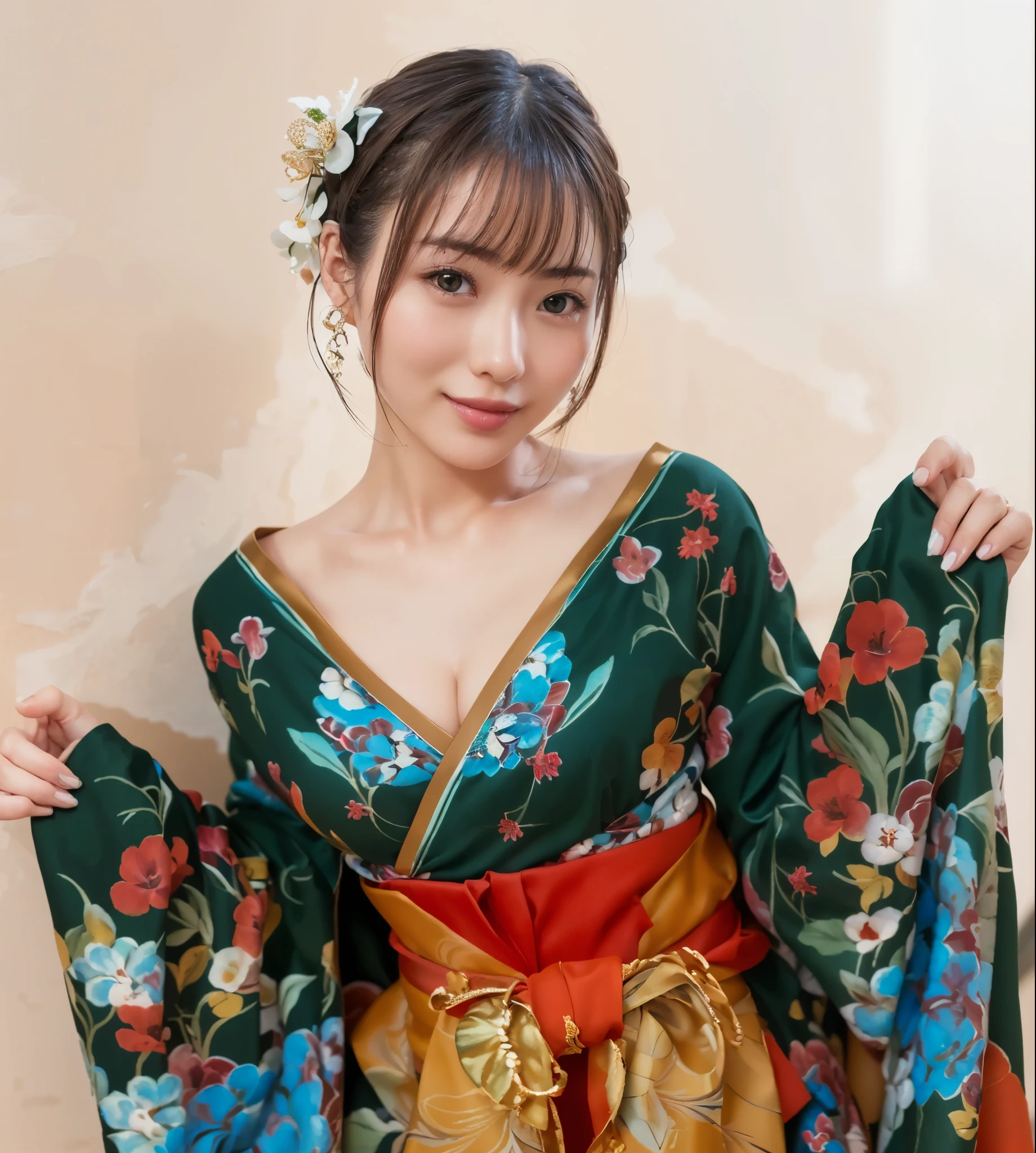 (high resolution:1.5), (masterpiece:1.5), very detailed, best quality, 8k, ((1 girl)), (Cute Japanese woman), cute 24 beauty, (medium breasts:1.5), detailed face, Beautiful and elegant face, cute face, (Round face:1.4), thin lips, natural bangs, arched eyebrows, well-groomed eyebrows, (big eyes with a good balance between the left and right sides), cute eyes, beautiful eyes, beautiful thin nose, beautiful face line, (beautiful skin), medium Hair, (natural bangs:1.5), (looking at the camera with a Gentle smile), smooth skin, fair skin, (Beautiful breasts), (Slender body:1.5), ((Beautiful cleavage)), (Beautiful clavicle:1.5), Gentle smile, (Round face:1.4), (Simple Background),