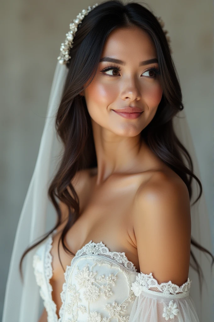 Realistic full body photo of a smiling black-haired woman with long hair, Updo, She dances in front of the camera in a long A-line wedding dress with straps made of shiny satin., Park,glamour fotoshooting, Wedding celebration, perfect anatomy, perfect brown eyes. Perfect hands with 5 fingers on each hand, Matching girl, looking at the camera, 1 Frau. (Eye make up:1.1), (highly detailed skin:1.1), spirit, analog style, keen focus, 8K UHD, dslr, good quality, Fujifilm XT3, Grain, Award-winning, masterpiece. Wedding celebration