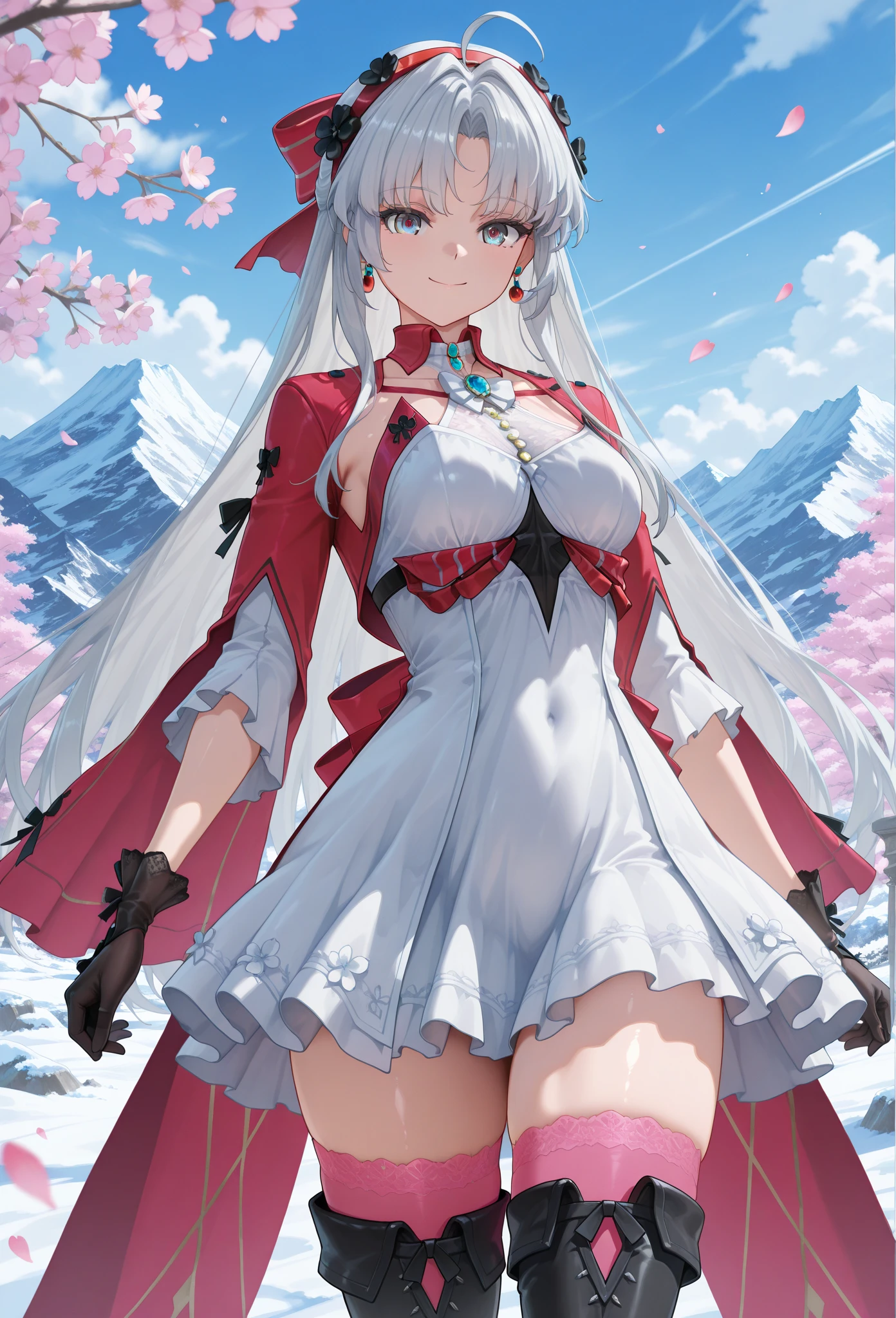 masterpiece,best quality,absurdres, amazing quality, shiny skin, ice mountain, Cristal stone, cherry blossoms, falling petals, cowboy shot, smile, looking at viewer, standing, 
 carlottailvp, 1girl, long hair, dress, parted bangs, grey hair, gloves, black gloves, ahoge, white hair, white dress, jewelry, bow, earrings, blue eyes, hair bow, thighhighs, medium breasts,  (black flowers hairband),  very long hair, (red hairband), grey eyes, multicolored eyes, thigh boots, pink thighhighs, thighhighs under boots, high heel boots