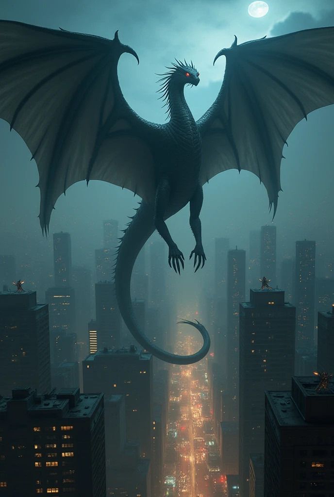 Generate an image of a Giant Raven Black Dragon breathing Dark Black Flames to a city