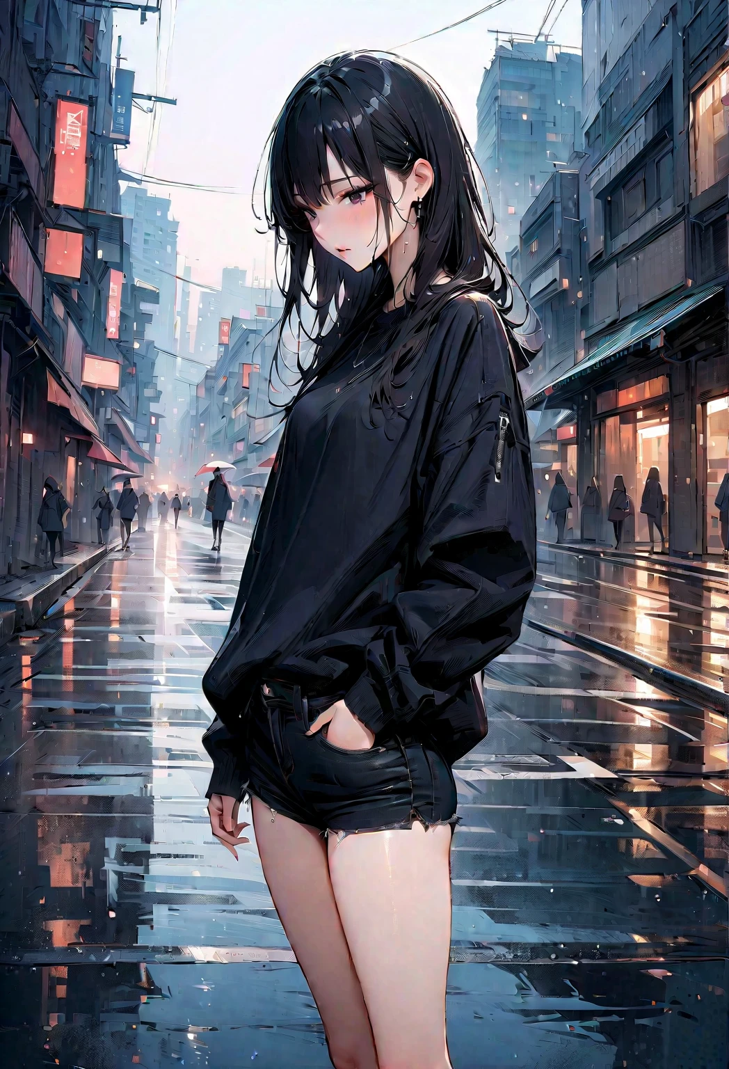 masterpiece, best quality, absurdres, perfect anatomy, standing, 1girl, solo, cyberpunk, science fiction, neon lights, cinematic lighting, night, city, on street, heavy rain, cowboy shot, standing, from above, wide shot, wet, expressionless, hoodie, shorts