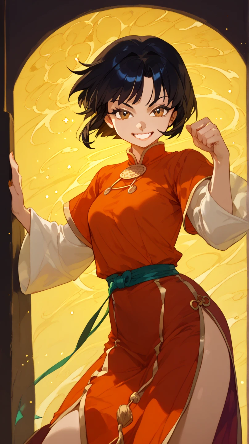 most perfect hentai image, based on Jade Chan from Jackie Chan Adventures, short black hair, irridescent effervescent brown eyes,

Title: "Mystical Vixen"

Scene: A whimsical, fantastical version of ancient China, with exaggerated, stylized architecture and a vibrant, dynamic atmosphere. The lighting is bright, with bold, saturated colors and playful, dynamic shadows.

Character: Jade Chan, reimagined in the stylized, exaggerated proportions and expressive facial expressions characteristic of Ranma 1/2. She has a more youthful, energetic appearance, with a mischievous grin and sparkling eyes that hint at her playful, adventurous spirit.

Posing: Jade is posed in a dynamic, athletic stance, with one leg bent back and the other extended forward, showcasing her flexibility and agility. Her arms are akimbo, with her hands resting on her hips, and a confident, cheerful expression that radiates charm and energy.

Attire: She wears a stylized, fantastical version of her signature Chinese-inspired outfit from the show, with exaggerated, flowing sleeves and a flared skirt that showcases her lively, energetic movements. The fabric is a vibrant, shining silk with intricate, swirling patterns that evoke the magical and mystical aspects of the scene.

Expression: Jade's expression is a bright, cheerful grin, with a hint of mischief and playfulness. Her eyes sparkle with a dynamic, adventurous energy, as if she's always ready to spring into action and take on the next challenge.