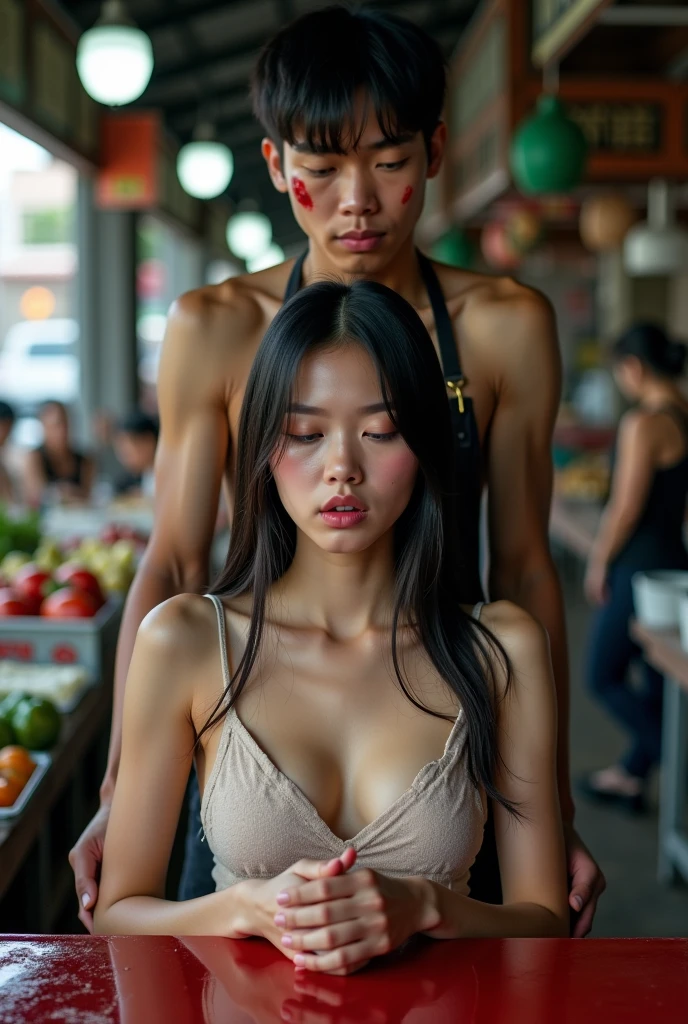 a very beautiful and sweaty 25 year old Chinese naked girl, with thick hairy armpits, muscular abs, is carried by two young men and her armpits are kissed