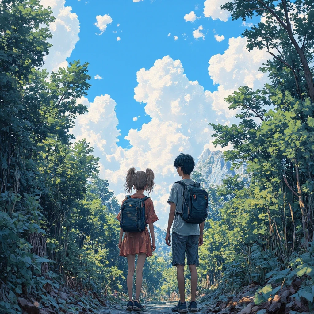 Anime Makoto shinkai style, studio ghibli style, forest with sky and clouds centerfocused, silhouette of a man and hijab woman walking together from behind wears hiking bag and outfits, wide camera effect, cyber punk theme colored tone