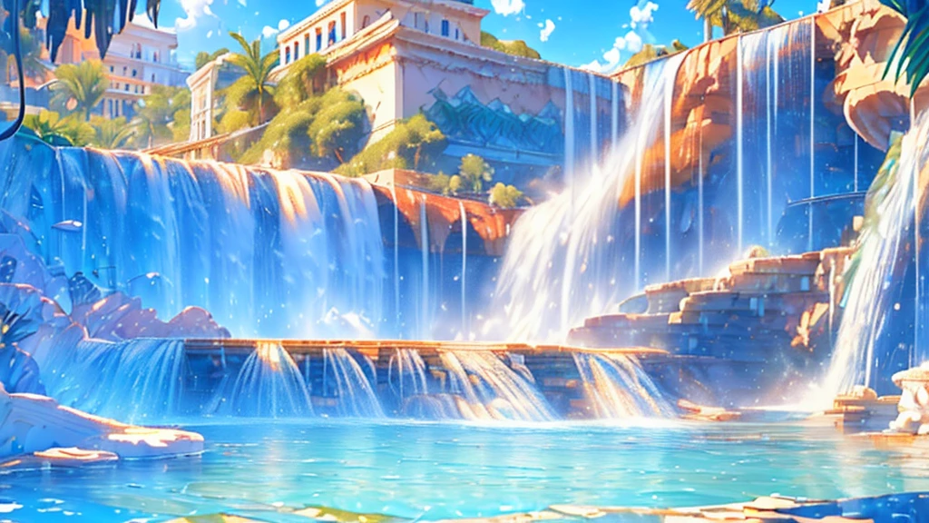 A Masterpiece In 32K Resolution, (beautiful image:1.5), CG, (waterfall:1.5), (mediterranean style:1.4), (white_building:1.3), blue sky, white cloud, sun light, Ultra detailed details, HQ, extremely detailed CG, plant, A city blessed with water, Beautiful Landscape, high resolution, highly detailed background, Unreal Engine, 16k, masterpiece, super detail, best quality