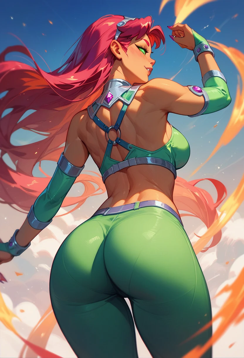 masterpiece, best quality, 25 years old beautiful woman, long hair, (mature face:1.4), 1woman, solo, crop top, gym shorts, choker, (from behind:1.4), plumb ass, thick thighs, thin waist, (graffiti:1.5), paint splatter, arms behind back, against wall, looking at viewer, armband, thigh strap, paint on body, head tilt, bored, multicolored hair (pink, blue), aqua eyes, headset