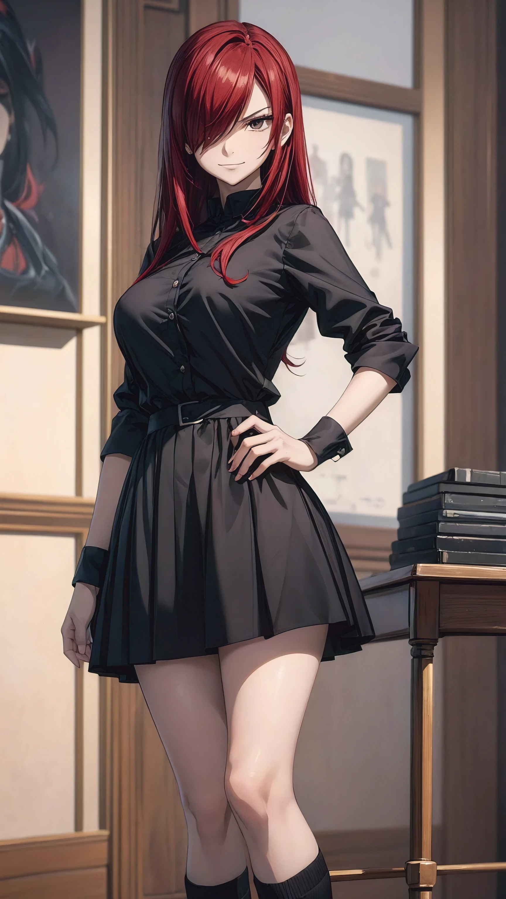 Erza Scarlet, (((red hair, long hair, hair over one eye))), ((((casual black shirt, black skirt,dress modestly)))), has model style, oppai, full cosplay, Ultra HD Quality, ((sharp face)), official art, beautiful, ((mature, 30 years old)), evil smile, ((big round breast)), perfect body, ((Ultra HD Quality Wallpaper, HD picture, 16k Quality Wallpaper)), 1 female, solo, female, ((1 woman, 1 female, ((solo)), one female, 1 woman)), detailed face, detailed art, (((standing model pose))), hd background, half body, (((Evil Smile))), (((masterpiece, best quality:1.2))), 1girl, solo, ultra high resolution, 8K, 16K, ultra high quality, RAW photo, ((extremly detailed)), high quality, charm, asian girl face, beautiful, the best lightin, the best proportion pose, soft light, natural light, detailed light, realistic light, Professional, Amazing, the best visual, enhance, ultra-high detail, 8K, 16K, ultra-high realistic, high resolution, the best resolution, high rendering realistic, detail hands, detail anatomy, detail face, detail body, (high detail), detail arms, (high detail fingers), the best proportions, detail nails, (detail intricated), ((potrait)), the best pictures, the best images, hdr, dslr, fix , fit, full color,