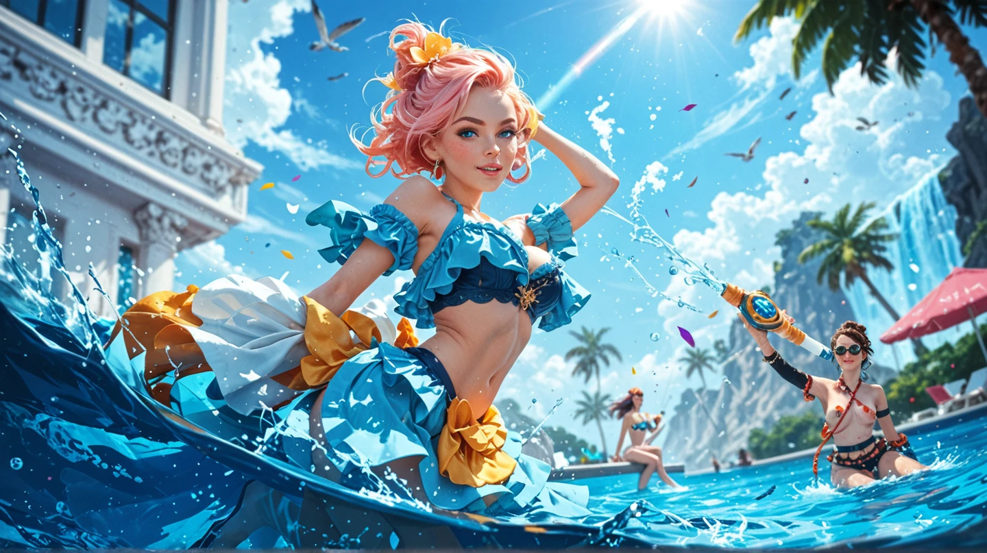 8K,gal，Beautiful and realistic skin,Shiny jewel-like earrings,glowing tattoo,Long colerful hair,blue eyes,Sparkling landscape,whole body,colorful swimsuit,Summerbeach,Splash