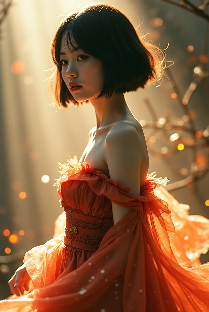 EDITORIAL PHOTOGRAPHY,  Super Detailed Backgrounds  ,Super Real, Shade,depth of field, perfect anatomy、Goddess Amenouzumenomikoto 、full body、cool beauty super slim skinny video, Soft Focus Sepia Tone ,movie scene,It was transparent,Wabi-sabi,Shioriness,looking at the camera、Nipples、Geometric model witch costume,is looking away at the female genitals,  Super Short Straight Bob Hairstyle ,Japanese Mythology Worldview 、natural light、Heaven Realm