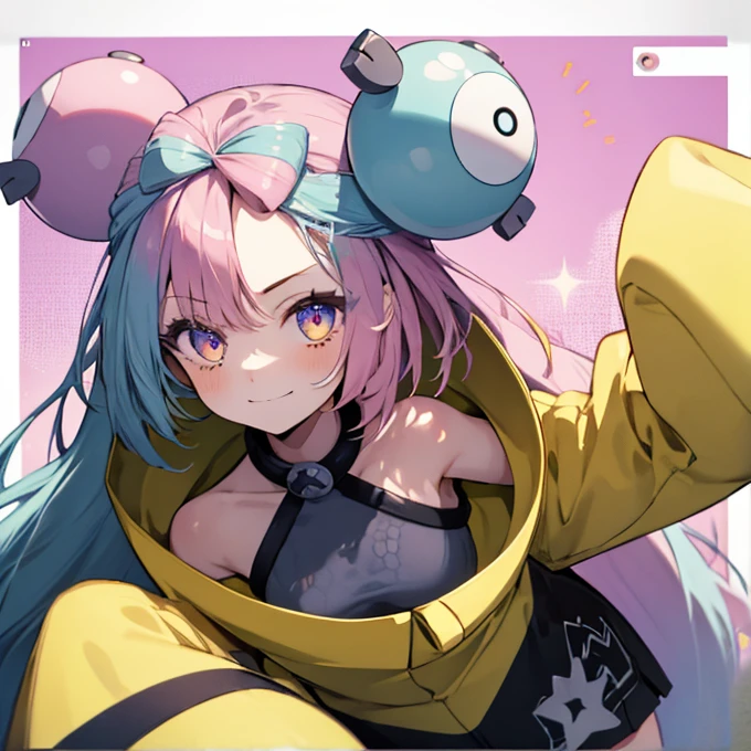 Masterpiece , best quality , perfect face, Highest Resolution , best quality , eyes, 8k, one girl outside running, long hair, yellow jacket, Long Sleeve , hair ornament , metaverse , Virtual studio , Live Streaming , relaxed face, small smile
