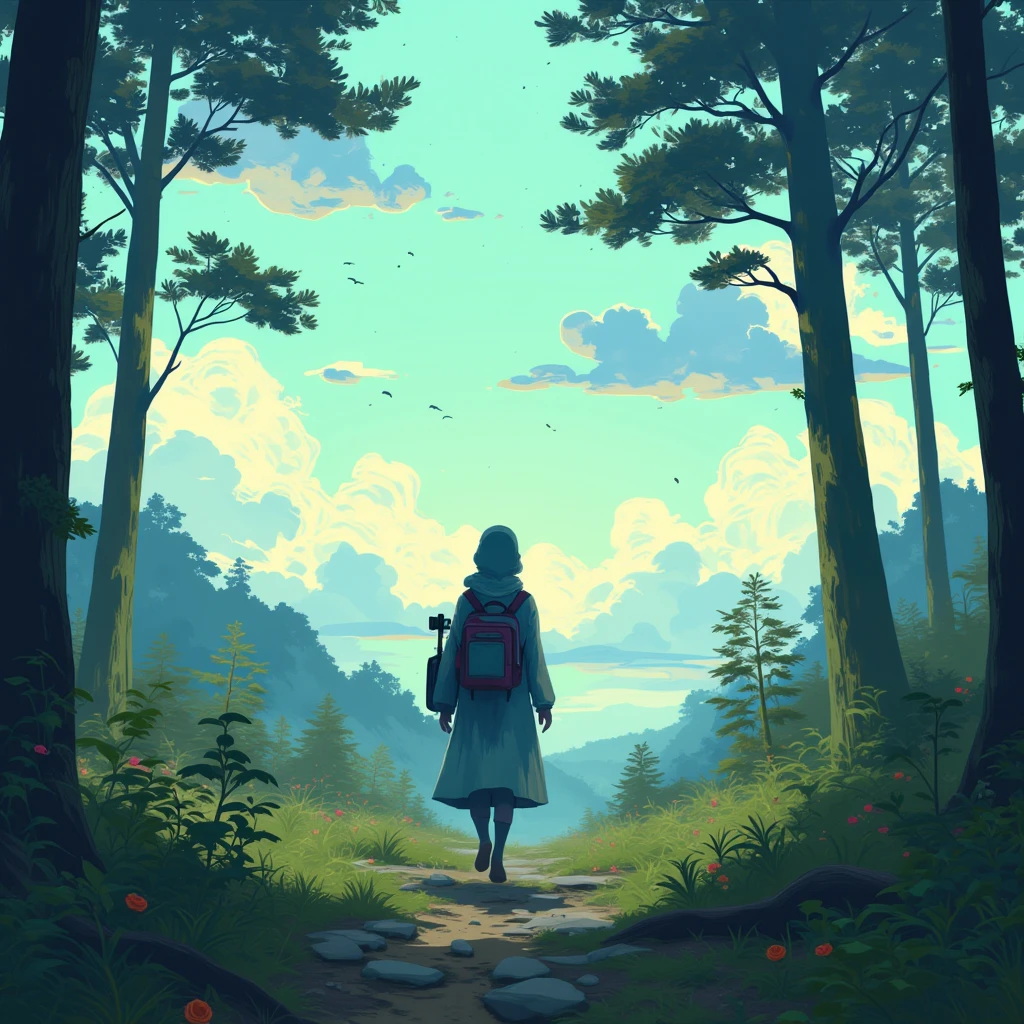 Anime Makoto shinkai style, studio ghibli style, forest with sky and clouds centerfocused, silhouette of a hijab woman from afar walking from behind wears hiking bag and outfits, wide camera effect, cyber punk theme colored tone