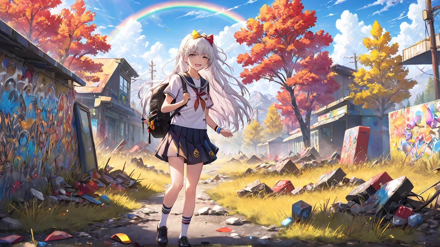 solo, 1girl, anime, long white hair, cute hairband, white and gold sailor uniform, black short skirts, shoes and socks, backpacks, look at viewer, happy, blushing, apocalyptic montana, vibrant trees, vibrant grasslands, scattered destroyed objects with vibrant colors, wall with graffiti, rainbow, light sparkle, cinematic angle, (very aesthetic), ((masterpiece)), best quality​