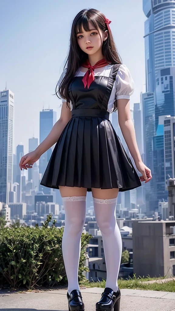 Elegant woman, bow hairpin, on the escalator, (side view), wearing honey-themed miniskirt, beautiful short skirt, short skirt, very sexy dress, mini skirt, popular at cgstation, interesting costume, wearing high socks, pleated miniskirt
