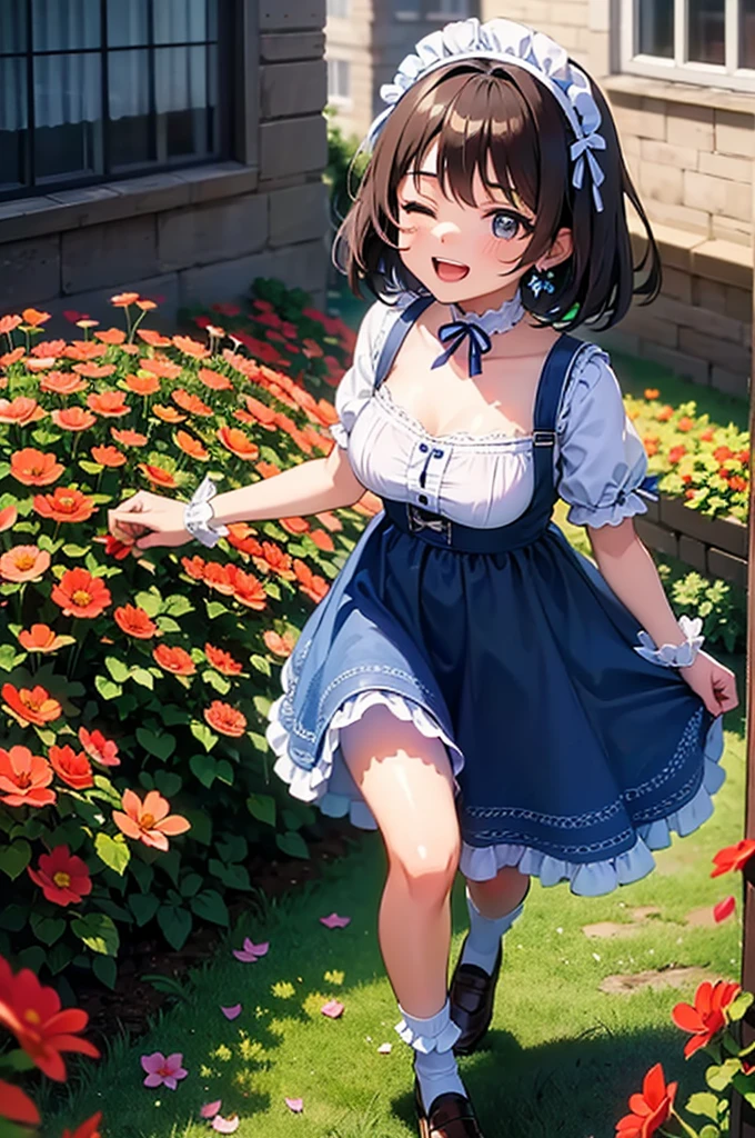 masterpiece, highest quality, disorganized, perfect anatomy, 1 girl, alone, , short hair, beautiful, Hilarious, sunny day, botanical garden, Summer winds, , wavy hair, smile,frilly clothes,no panties,spread pussy,nsfw