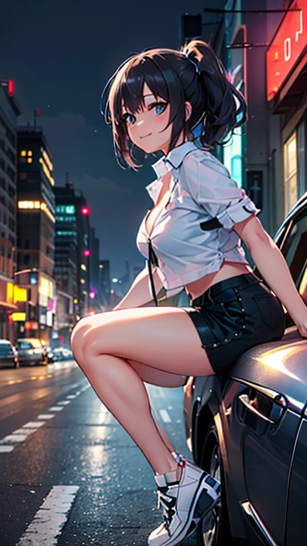 anime style, female character, She is perched on the hood of a sports car. The character has hair. Her eyes, which are large and bright, look to the side, and she smiles shyly.

She is wearing a black bra, which is covered by a white shirt, with a cleavage detail. Her bottom is a pair of dark short shorts that contrast with her shirt. Completing her outfit, she wears high white shoes, which complete her tailored look.

The background of the image depicts a night view of the city, showing the bustling city life. Lights can be seen illuminating buildings and street signs in the distance.