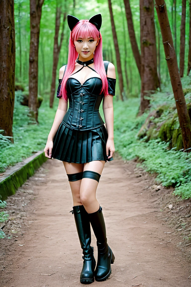  Asian slim  solo with pink hair, straight hair, slim model,  leather underbust corset 
,   leather pleated skirt ,  leather sleeve warmer ,  knee-high latex boots , Cat ears,  small breasts,  ,  bare breasts , Breasts visible, sex , standing , forest 
