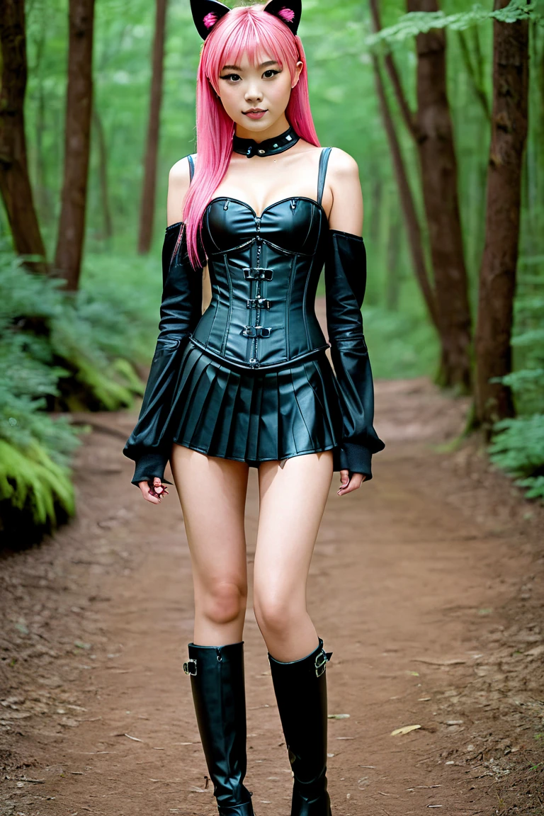  Asian slim  solo with pink hair, straight hair, slim model,  leather underbust corset 
,   leather pleated skirt ,  leather sleeve warmer ,  knee-high latex boots , Cat ears,  small breasts,  ,  bare breasts , Breasts visible, sex , standing , forest 
