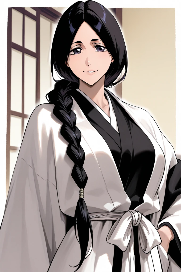 Unohana Retsu from bleach. She has black hair tied in a braided tail she keeps on her front. She's wearing black kimono paired with a white haori robes. She has a gentle expression and smile.