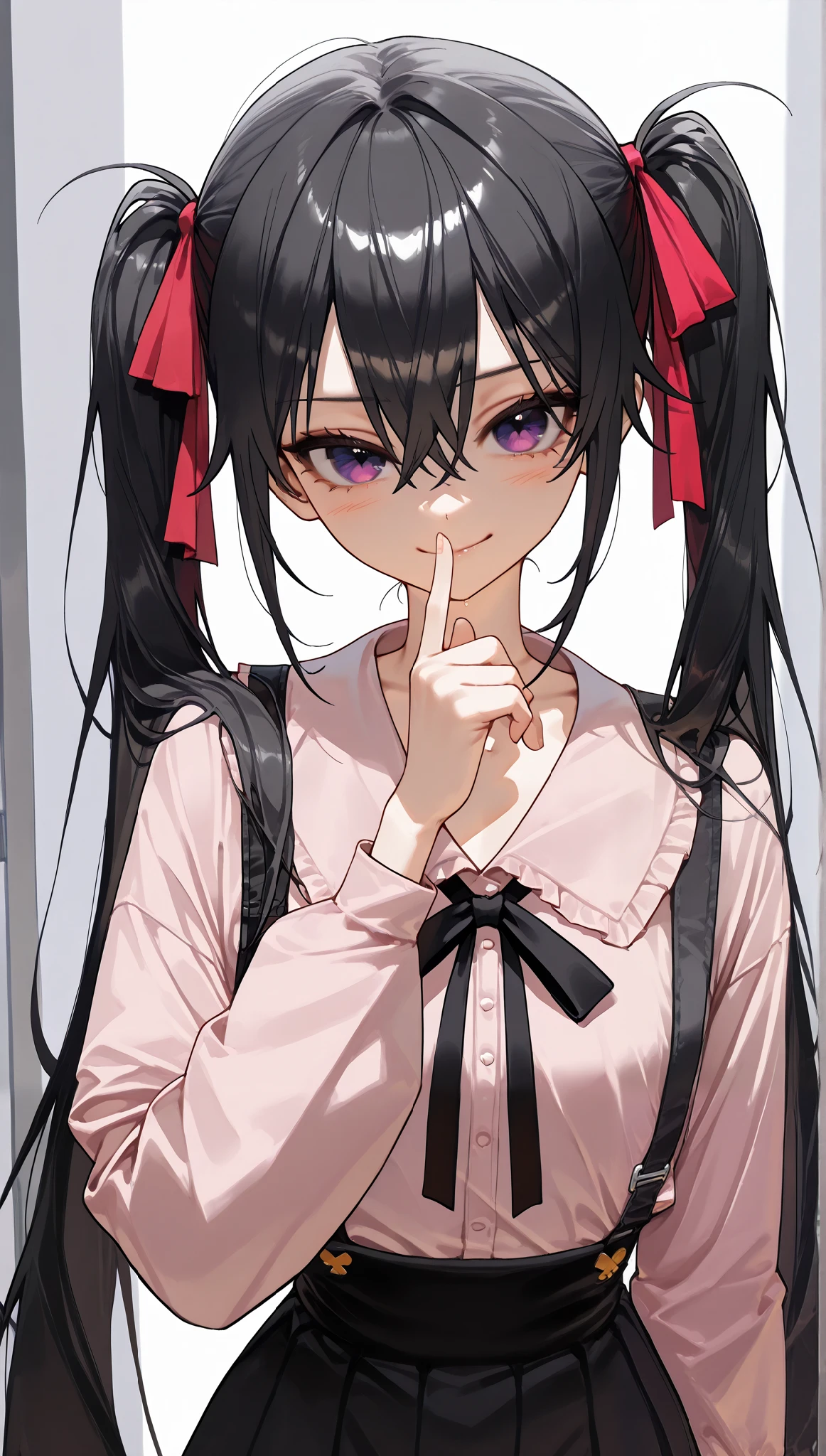(masterpiece、Highest quality、Very detailed))、One girl、Black hair、short、twintails、blunt bangs、Pink eyes、((lots of piercing))、evil smile、Moderate breasts、((Pink ruffled blouse))、Black bow tie、((Black pleated skirt))、((skirt lift))、((pink and black plaid panties))、thighhighs cowboy shots、Shoot from below、Bedroom Background
