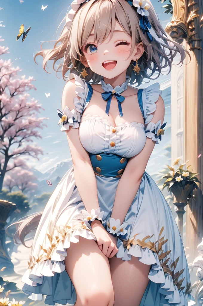 masterpiece, best quality, highres, ffnoel, short hair, x hair ornament, green eyes, blue bowtie,  pleated, smile, outdoors, cherry blossoms, standing, cowboy shot, open mouth,nude,nude,cowgirl sex
