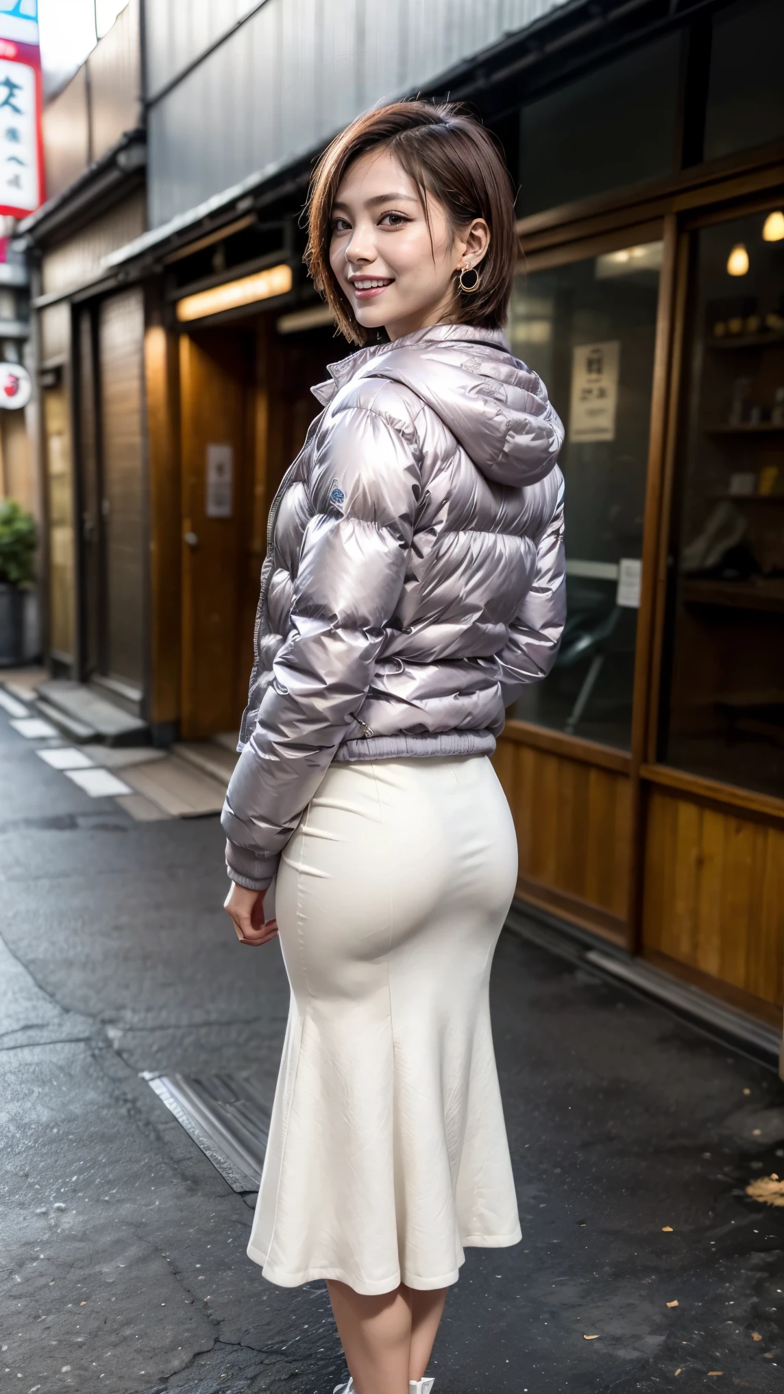 (Wear a winter Tokyo Street :1.3)、(( and turn around))、(( down jacket:1.3))、( sneakers)、( tight long skirt 、mermaidskirt:1.3)、(p_line:1.5)、( realistic、 as pictured 、live-action、8k,  realistic,  RAW photos,   Highest Image Quality : 1.4),  Single Lens Reflex Camera、 RAW photos,  best quality ,  realistic,   Highly Detailed CG Unity 8K Wallpaper,  detailed borders, Cinematic Light,  lens flare,  ray tracing,  realistic background、( very short hair )、(( super dense skin ))、 ((whole body:1.5))、( squint and laugh、 big smile)、 pay attention to the details 、Perfect outfit、(( earrings))、( white skin)、Accurate Arm、Accurate legs、 Accurate Human Anatomical Body 、Accurate fingering、( rear view)