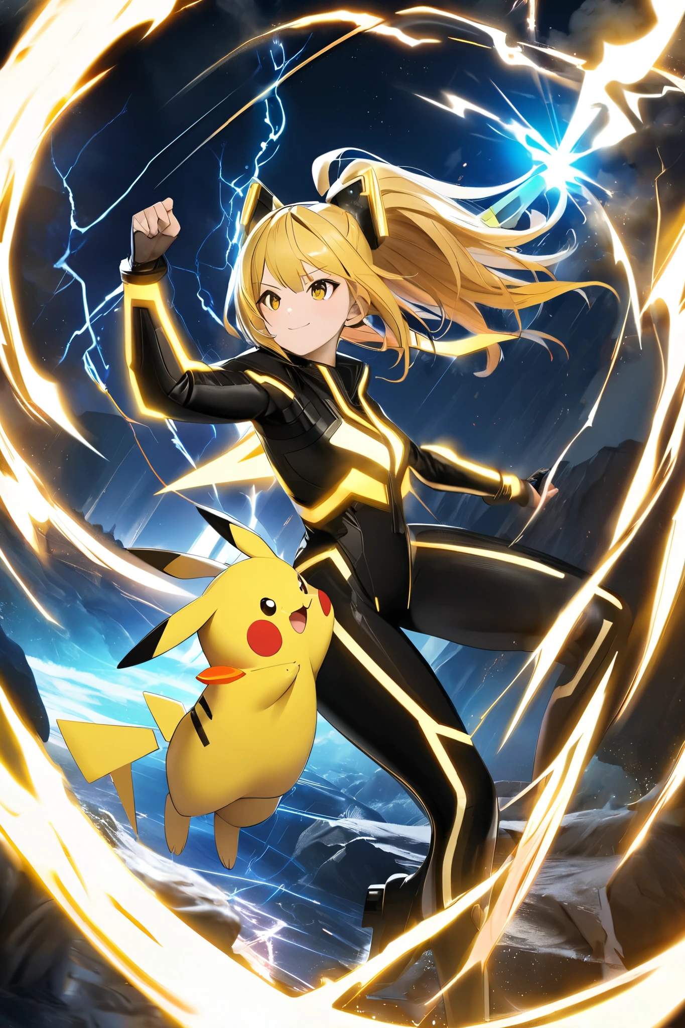 /imagine  
futuristic anime girl inspired by Pikachu Pokémon, energetic and electrifying design, short spiky golden-yellow hair with black tips, large expressive glowing amber eyes, standing confidently with a playful smirk, wearing a sleek sci-fi bodysuit infused with electric energy circuits, soft glow, lightning sparks crackling around her, semi-transparent energy tail resembling Pikachu's lightning bolt shape, vibrant and dynamic pose, cinematic background with stormy glowing clouds and electric surges, inspired by Makoto Shinkai style, hyper-realistic anime art, 8k render, **a real Pikachu floating beside her, surrounded by crackling golden electricity, cheerful but powerful presence, lightning bolts illuminating the scene**, no text, pure artistic composition --ar 4:7 --niji 6 --q 2 --s 750 --style raw
