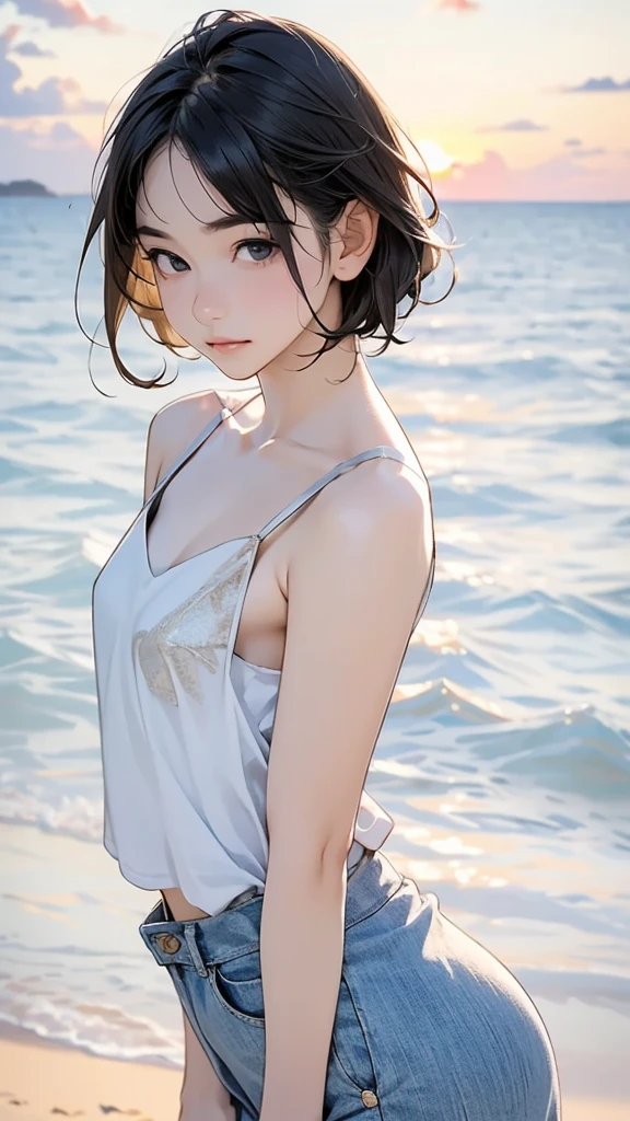 one girl, (12years old:1.4),(Very Young Face),(Japanese famous idol), cute face, ash gray hair:1.5, bob hair, short hair, camera's line of sight, small breasts, An ennui look, (((camisole, dress))) , particles of light, sea of ​​sunset, calm sea, white sand beach, very beautiful sunset, RAW photo, highest quality, High resolution, High resolution, masterpiece:1.3, 8k, 12k, professional photographer,((Extremely precise and accurate anatomy:1.0)),Kind eyes,Graceful pose,(Beauty of form:1.4) Golden ratio, big eye,(nature's providence:1.4),