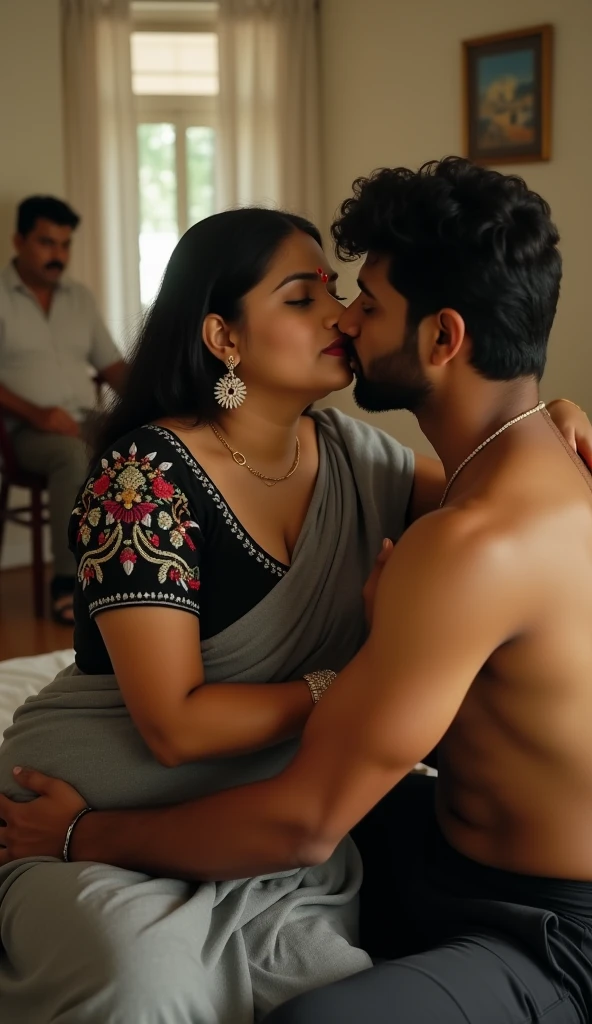 A 25 year old beautiful South Indian plus sized cream colour saree and black colour chiffon blouse wearing bride kissing a 48 year old groom in bed room, while laying on bed