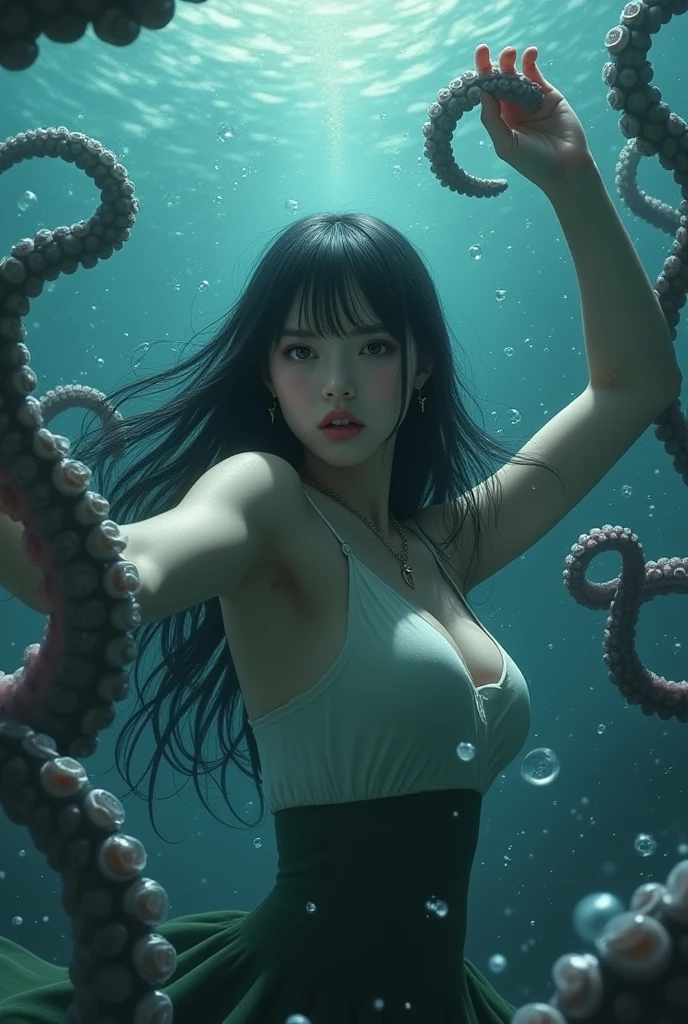 ((masterpiece)), ((Highest quality)), (Very detailed),(At the Beach ),(monster),(((Many tentacles wrapped around the body))),pretty girl, One girl, alone, (white girly dress),((Many tentacles bind his arms)), ((thinウエスト)),Large Breasts, slim, thin,Beautiful brown hair, Beautiful Blue Eyes, (Beautiful Eyes), Long Hair,Troubled expression