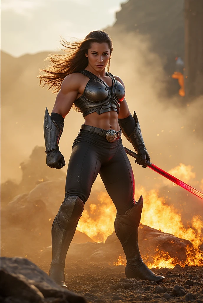 a woman warrior, muscular athletic body, long dark hair, fierce expression, holding a glowing sword, fighting in a post-apocalyptic battlefield, dramatic lighting, cinematic composition, vibrant colors, (best quality,4k,8k,highres,masterpiece:1.2),ultra-detailed,(realistic,photorealistic,photo-realistic:1.37),cinematic lighting,dynamic pose,dramatic shadows,dusty environment,glowing sword,advanced armored costume,heroic,powerful,strong,intense