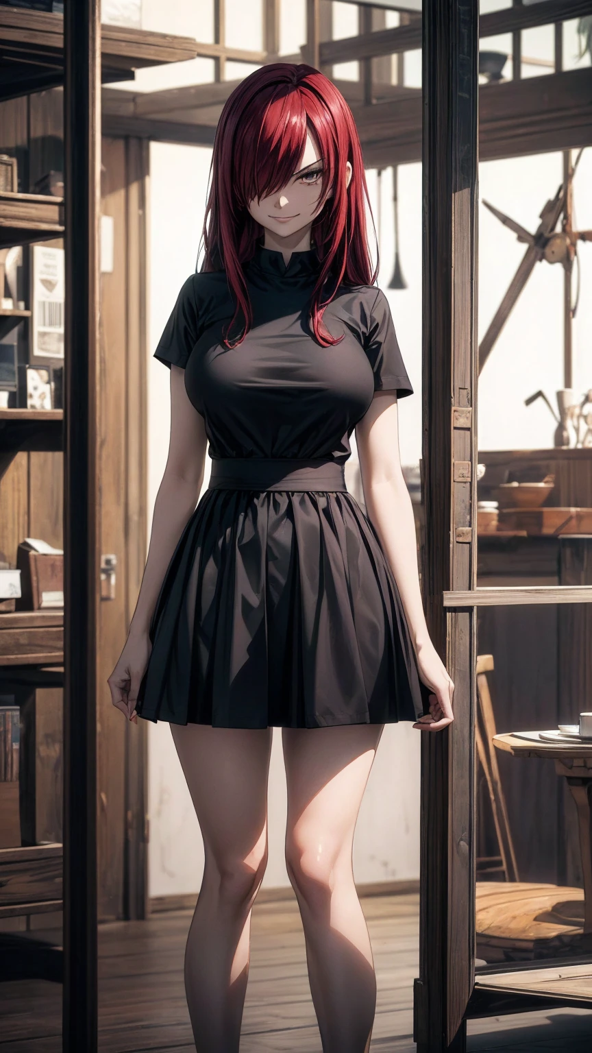 Erza Scarlet, (((red hair, long hair, hair over one eye))), ((((casual black shirt, black skirt,dress modestly)))), has model style, oppai, full cosplay, Ultra HD Quality, ((sharp face)), official art, beautiful, ((mature, 30 years old)), evil smile, ((big round breast)), perfect body, ((Ultra HD Quality Wallpaper, HD picture, 16k Quality Wallpaper)), 1 female, solo, female, ((1 woman, 1 female, ((solo)), one female, 1 woman)), detailed face, detailed art, (((standing model pose))), hd background, half body, (((Evil Smile))), (((masterpiece, best quality:1.2))), 1girl, solo, ultra high resolution, 8K, 16K, ultra high quality, RAW photo, ((extremly detailed)), high quality, charm, asian girl face, beautiful, the best lightin, the best proportion pose, soft light, natural light, detailed light, realistic light, Professional, Amazing, the best visual, enhance, ultra-high detail, 8K, 16K, ultra-high realistic, high resolution, the best resolution, high rendering realistic, detail hands, detail anatomy, detail face, detail body, (high detail), detail arms, (high detail fingers), the best proportions, detail nails, (detail intricated), ((potrait)), the best pictures, the best images, hdr, dslr, fix , fit, full color,