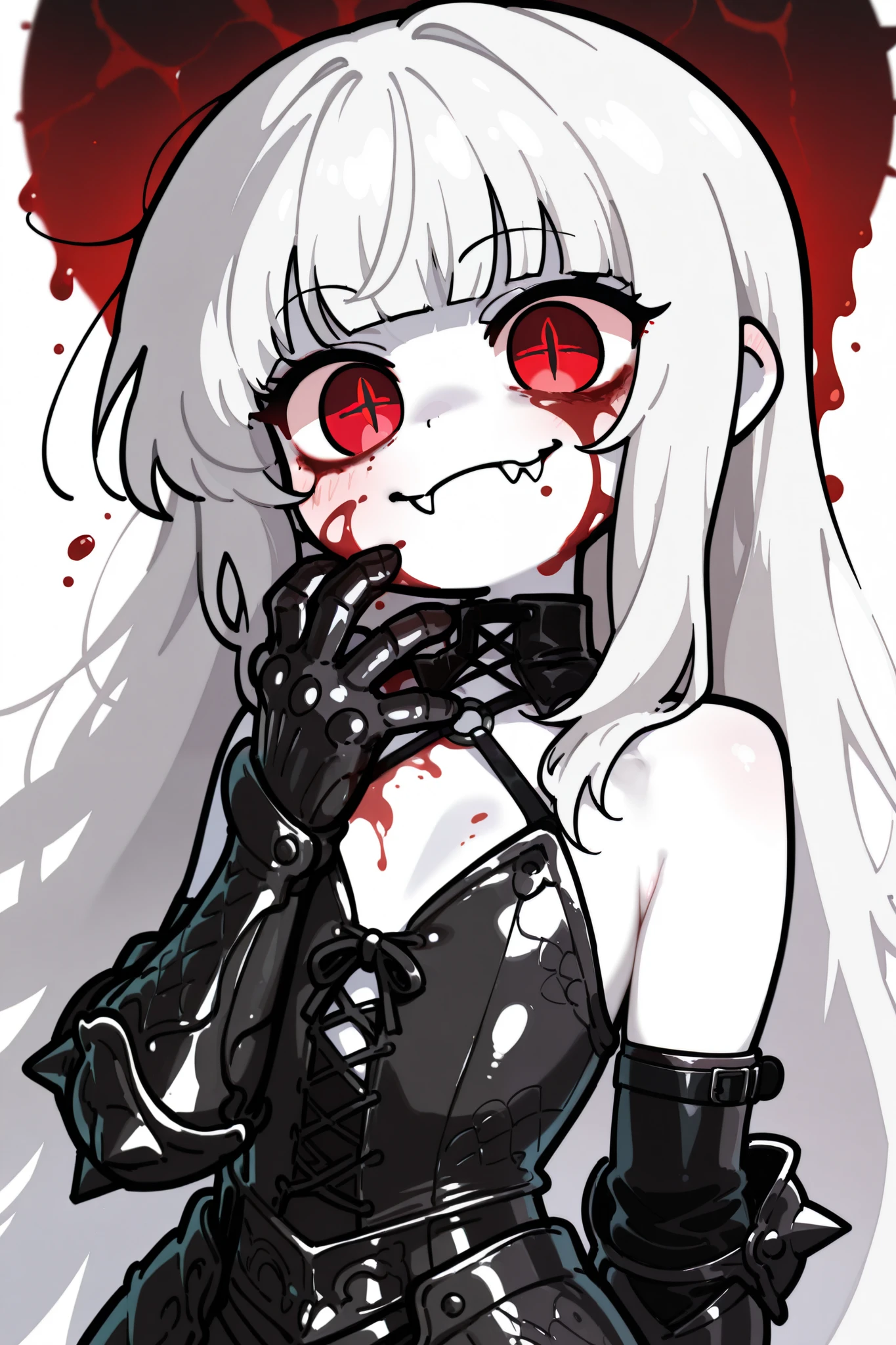 Long Hair, Closed Ears, White Hair, Red Eyes, Fangs, Anime Style, Gothic, High Resolution, Leather Armor, Gauntlets, Flat Chest, White Skin, Solo, 1 Girl, Bangs, White Background, Snake Pupils, Blood-stained Face, Evil face