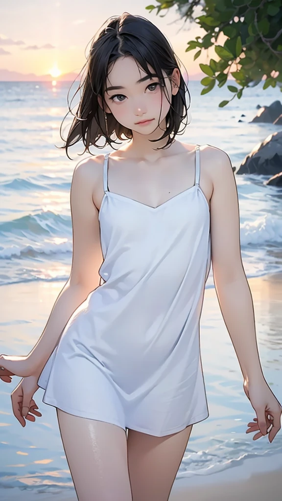 one girl, (12years old:1.4),(Very Young Face),(Japanese famous idol), cute face, ash gray hair:1.5, bob hair, short hair, camera's line of sight, small breasts, An ennui look, (((camisole, dress))) , particles of light, sea of ​​sunset, calm sea, white sand beach, very beautiful sunset, RAW photo, highest quality, High resolution, High resolution, masterpiece:1.3, 8k, 12k, professional photographer,((Extremely precise and accurate anatomy:1.0)),Kind eyes,Graceful pose,(Beauty of form:1.4) Golden ratio, big eye,(nature's providence:1.4),