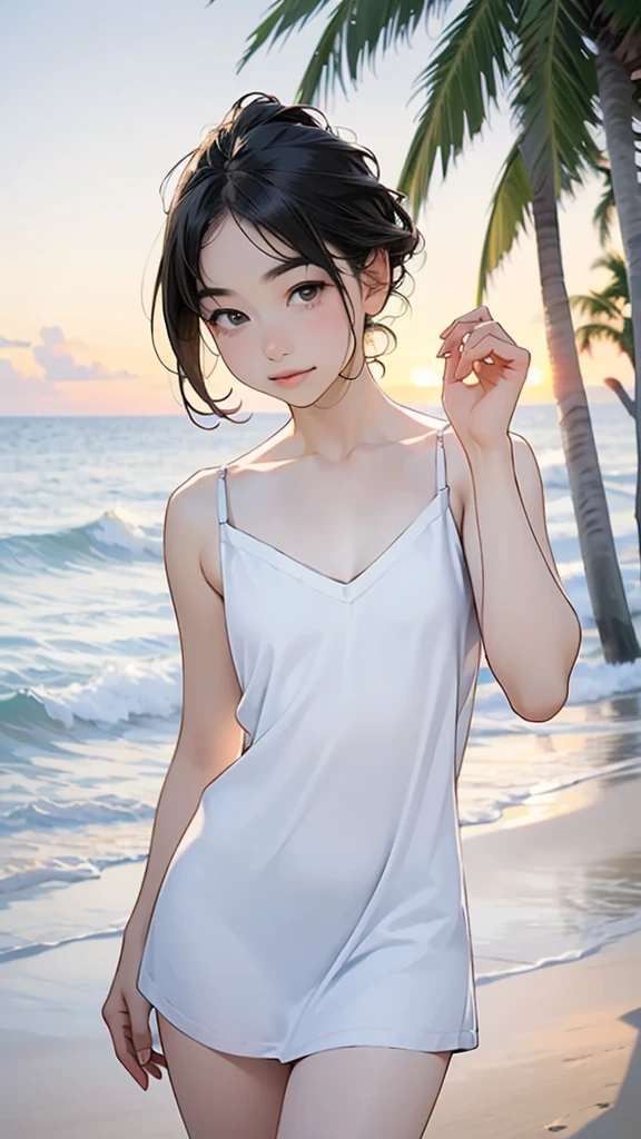 Masterpiece, Top quality, Earrings, white dress, Black hair, Small breasts, Girl, Upper body, Hot, Sweating, Sitting, Ponytail, Looking at camera, Sea, Looking forward, Spread legs, Angry, Showing crotch