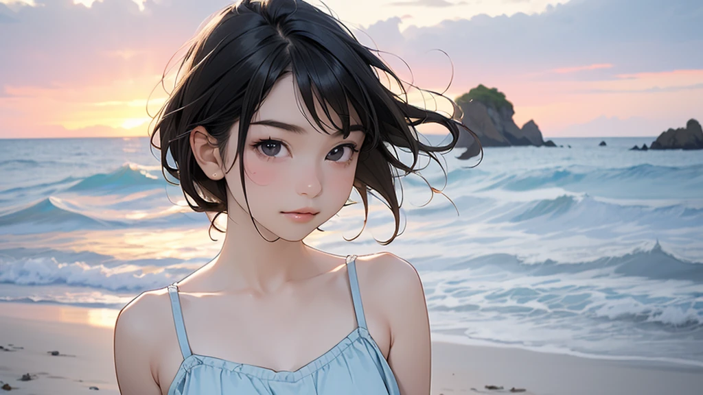 one girl, (ars old:1.4),(Very Young Face),(Japanese famous idol), cute face, ash gray hair:1.5, bob hair, short hair, camera's line of sight, small breasts, An ennui look, (((camisole, dress))) , particles of light, sea of ​​sunset, calm sea, white sand beach, very beautiful sunset, RAW photo, highest quality, High resolution, High resolution, masterpiece:1.3, 8k, 12k, professional photographer,((Extremely precise and accurate anatomy:1.0)),Kind eyes,Graceful pose,(Beauty of form:1.4) Golden ratio, big eye,(nature's providence:1.4),